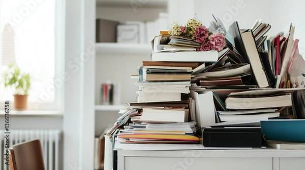 Fototapeta Auf einem Schreibtisch stapeln sich Bücher, Akten und Papiere in chaotischer Weise, Alltag im Büro, Querformat