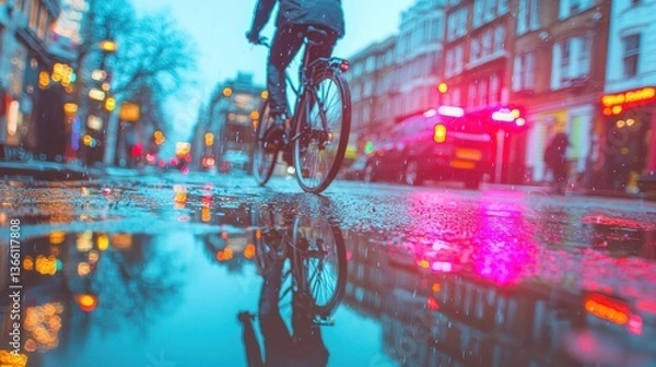 Fototapeta Cyclist Riding on Wet Street with Reflection in Rainy City Scene