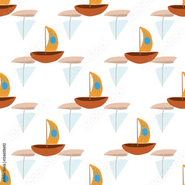 Obraz Colorful sailboats on blue sea pattern with vibrant nautical theme Vector seamless Pattern
