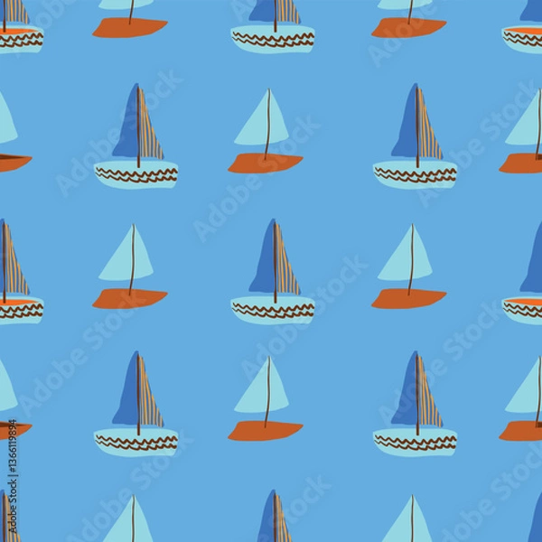 Obraz Colorful sailboats on blue sea pattern with vibrant nautical theme Vector seamless Pattern