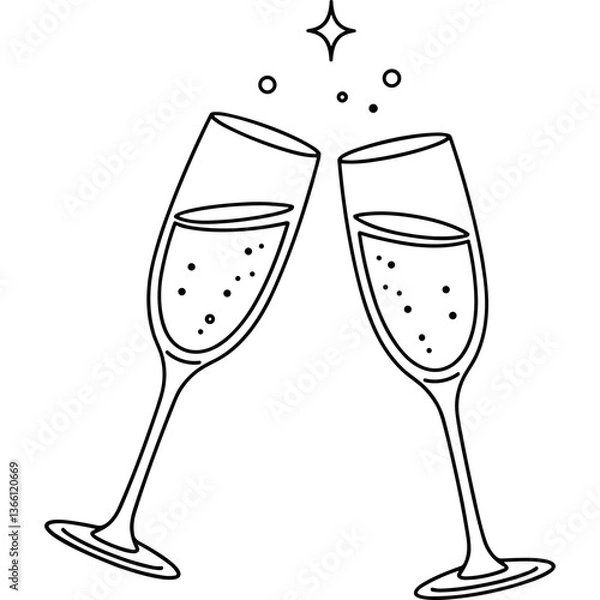 Fototapeta Champagne glasses toasting with sparkling champagne in black and white line art style for celebration and special occasions