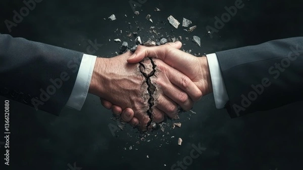 Fototapeta Broken Agreement: Two Businessmen Shaking Hands with Cracks, Symbolizing Failed Negotiations