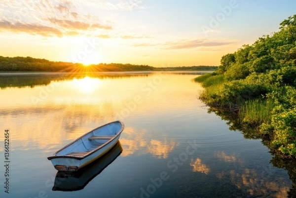 Obraz serene boat drifting across gentle lake under golden glow of setting sun creating peaceful reflections on water surface