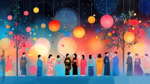 Fototapeta Japanese festival illustration with lanterns and people in yukatas under starry night sky