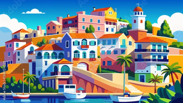Obraz Colorful residential building under blue sky in Albufeira Harbor