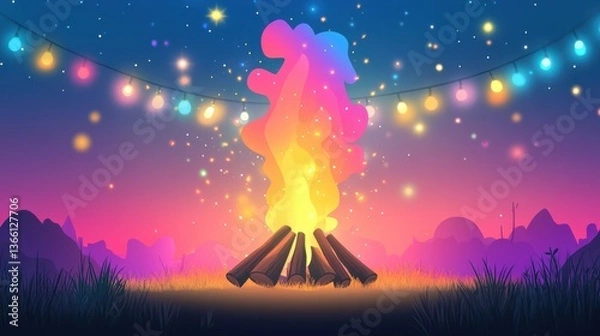 Fototapeta A massive bonfire crackling at the center of a night festival, its flames reaching high. String lights form elegant curves in the background, creating a magical and festive setting. minimalism, 