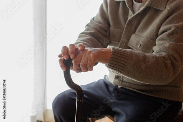 Obraz 杖を持つ老人の手