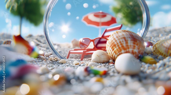 Fototapeta In einer Glassphäre steht ein rot-weiß gestreifter Liegestuhl mit Sonnenbrille und Sonnenschirm, darumherum Strand, Muscheln und bunte Steine, Querformat, Sommerliche Szene