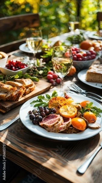 Fototapeta Seasonal rustic table setting outdoor garden culinary plate presentation lush natural environment inviting perspective