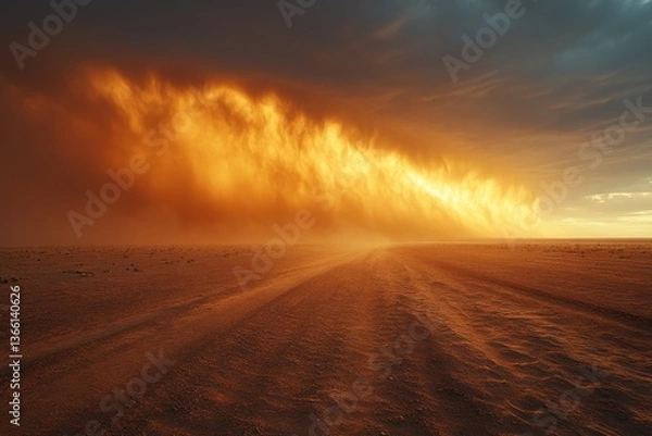 Fototapeta Dramatic Horizon: A breathtaking vista unfolds as a colossal storm descends upon a desolate plain, painting the sky with fiery hues, stirring intense emotion and a sense of awe. 