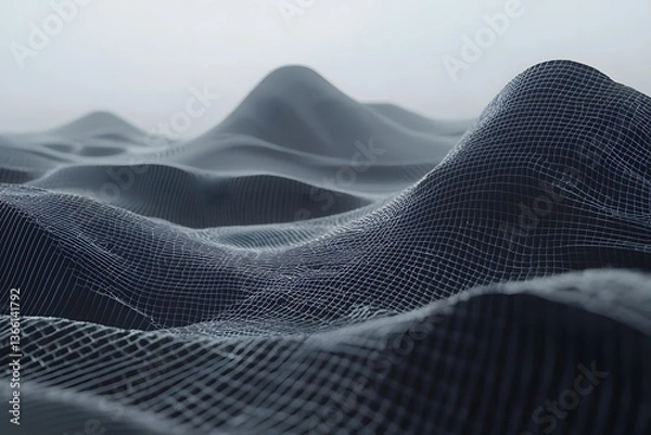 Fototapeta Abstract wireframe landscape of gently rolling hills fades into a hazy muted background.