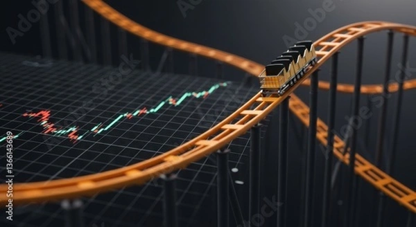 Fototapeta A rollercoaster car traverses a winding track against a backdrop of financial charts, symbolizing market volatility