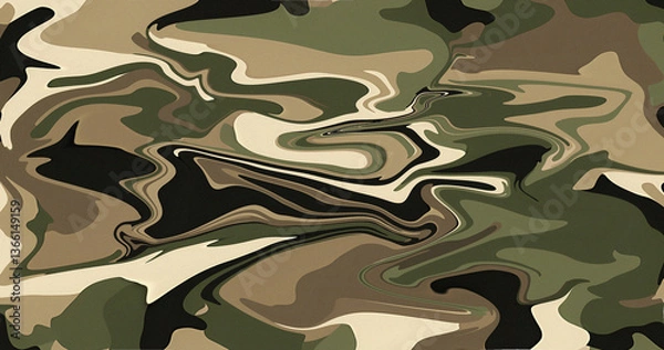 Fototapeta Abstract Army Camouflage Pattern Green Brown Beige Black Swirls Liquid Marble Design Texture Military Style Background Wallpaper Art Graphic