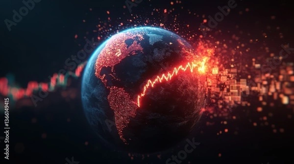 Fototapeta Dramatic representation of global economic crisis with Earth splitting and digital market symbols collapsing