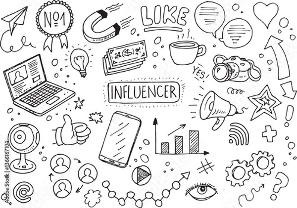 Obraz Influencer doodles, hand drawn vector set on white background