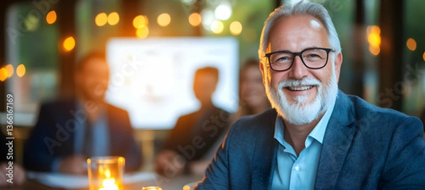 Obraz A smiling senior man in a blazer sits at a table in a dimly lit restaurant, with colleagues blurred in the background.  He appears confident and relaxed