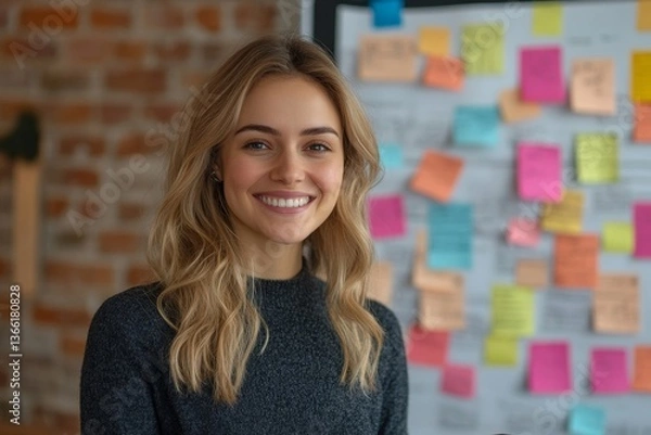 Fototapeta Business woman, tablet and smile for schedule planning, advertising or marketing at office. Happy female employee smiling with touchscreen for project