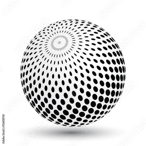 Fototapeta Halftone effect sphere in black and white. Vector 3D object with dropped shadow.