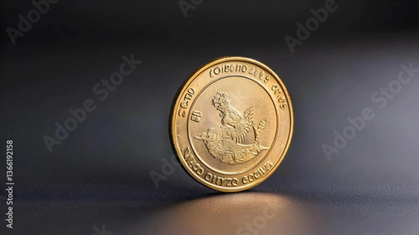 Fototapeta Golden Coin on Dark Surface Showing Detailed Metallic Texture and Circular Shape in Studio Lighting