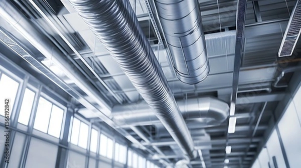 Obraz Industrial Ceiling Architecture: Silver Ductwork System and Natural Light from Windows in a Modern Interior.