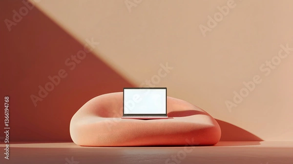 Obraz A laptop with a blank screen for mockup on a sofa with cushions, against a paneled peach color wall.