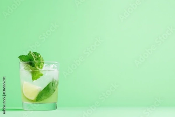 Fototapeta Refreshing drink with mint and lime, set against soft green back