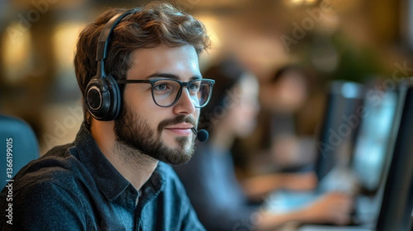 Fototapeta Dedicated male customer service representative communicating with customer trying to provide appropriate solutions for client issues at call center