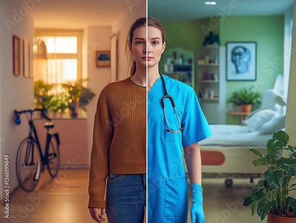 Fototapeta A vertically split image depicting a young woman doctor in two contrasting environmentsShifts of Solitude: From Doctor's Scrubs to Domestic Calm.