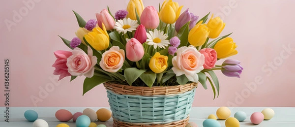 Fototapeta Spring floral arrangement with pastel Easter eggs in a wicker basket set against a soft pink backdrop Generative AI