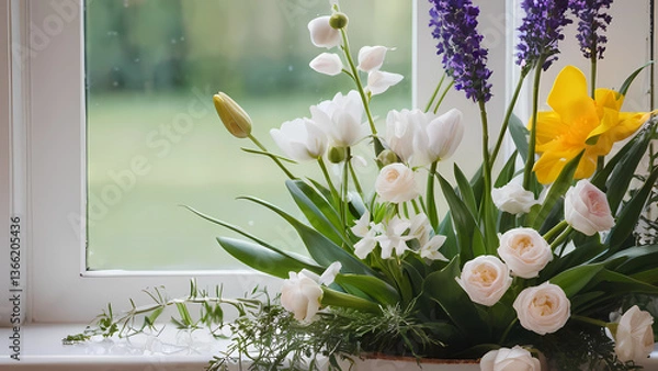 Fototapeta Beautiful floral arrangement by the window showcasing vibrant flowers in springtime Generative AI