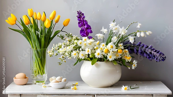 Fototapeta Fresh spring flowers arranged in a vase on a wooden table surrounded by eggs Generative AI