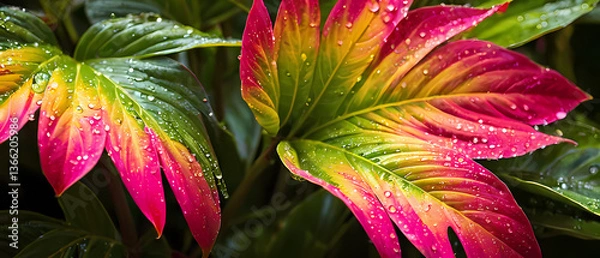 Fototapeta Colorful leaves glisten with droplets of water in a lush tropical garden after a refreshing rainfall Generative AI