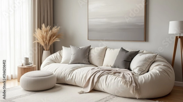 Fototapeta Home interior design of modern living room with large, rounded, off-white bean bag style sofa, pillows in shades of gray, beige, and white. Focus on soft textures and neutral tones