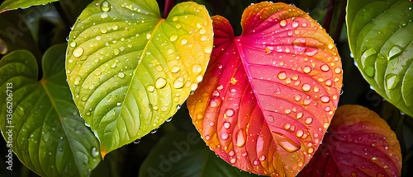 Fototapeta Colorful leaves glisten with raindrops in a lush garden setting during late spring Generative AI