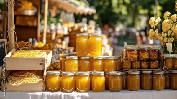 Obraz A beautifully arranged stand with fresh honey jars