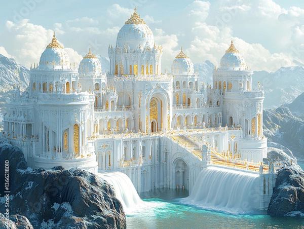 Obraz a grand, white castle with gold accents, built on a rocky outcrop surrounded by snow-covered mountains and a waterfall. The castle is architecturally elaborate, featuring domes, arched windows