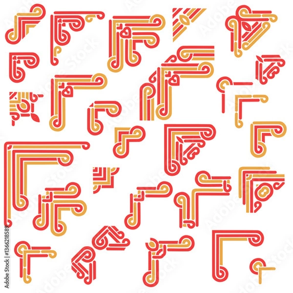 Fototapeta Red and gold templates corner in chinese style . Deco borders, asian ornament. Objects isolated on white background. Vector set