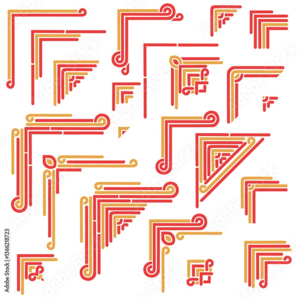Fototapeta Red and gold templates corner in chinese style . Deco borders, asian ornament. Objects isolated on white background. Vector set