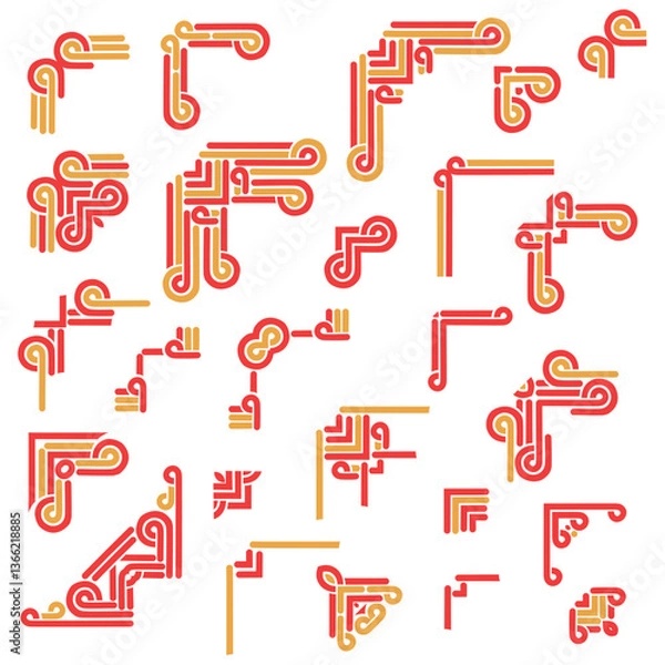 Fototapeta Red and gold templates corner in chinese style . Deco borders, asian ornament. Objects isolated on white background. Vector set