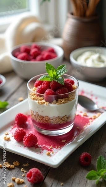 Obraz This enticing raspberry parfait features luscious layers of creamy yogurt and crunchy granola, topped with fresh raspberries and a sprig of mint. The vibrant colors and textures create a mouthwatering