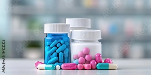 Fototapeta A Colorful Collection of Medication Bottles and Pills for Healthcare Research and Pharmaceutical Studies in a Modern Setting