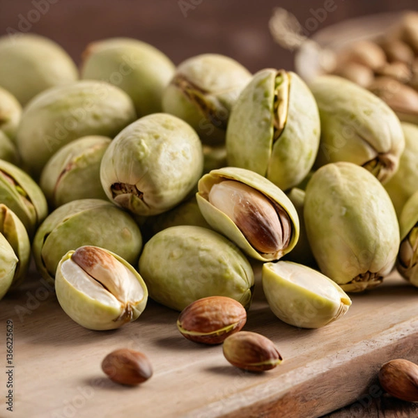 Fototapeta Pile of pistachios, some of which are partially open, revealing the edible nuts inside placed on a wooden surface, providing a rustic appearance.