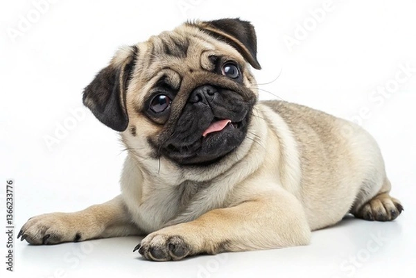 Fototapeta Pug puppy lying isolated on transparent background
