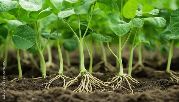 Obraz Vibrant Green Soybean Seedlings Growing Strong Roots in Soil