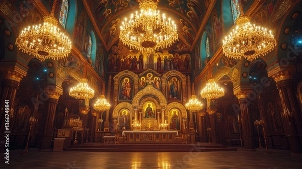 Fototapeta Inside a beautifully ornate Orthodox church glowing chandeliers intricate frescoes of saints covering the ceiling golden altar icons deep sense of tradition and reverence