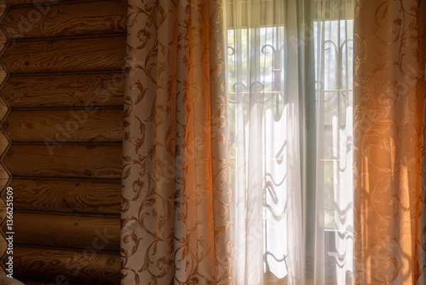 Obraz Cozy interior view of a wooden house with sunlight streaming through a window with elegant patterned curtains and sheer drapes.