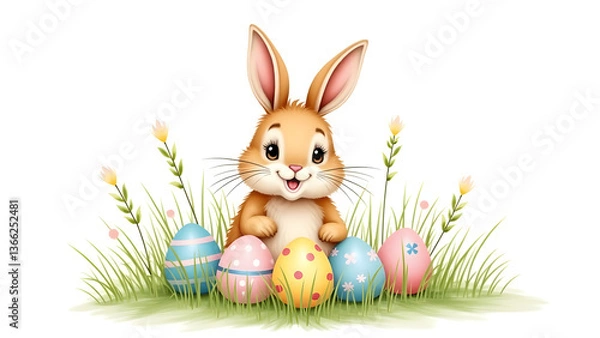 Fototapeta A delicate watercolor illustration of a joyful Easter rabbit sitting in lush green grass, surrounded by pastel-painted eggs with soft patterns, isolated on a white background
