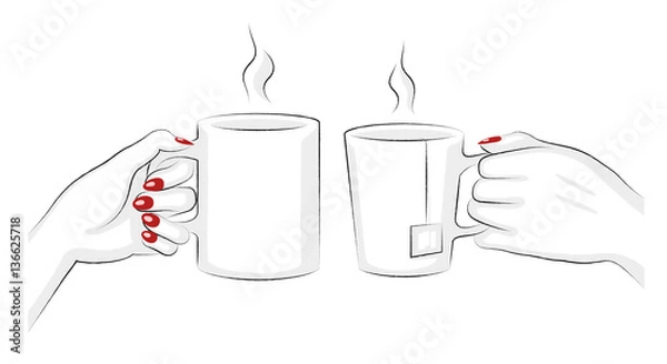 Fototapeta Coffee And Tea Mugs. Vector Illustration Of Hands Of Two Woman Enjoying Their Hot Drinks