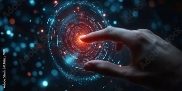 Fototapeta Digital Technology Interface Futuristic Hand Touch Screen Red Blue Web Data Cyber Modern Future     