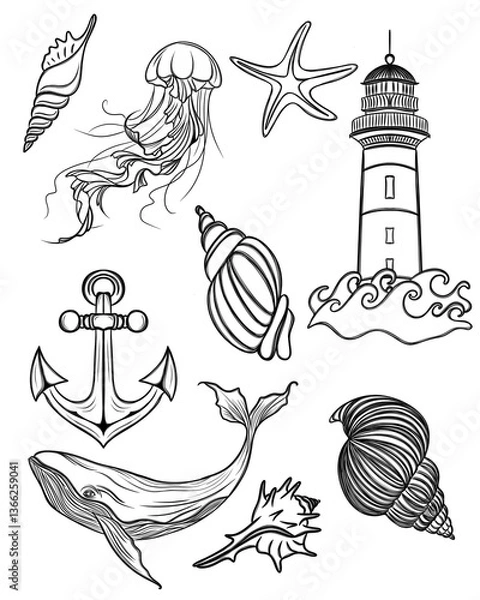 Obraz Large set of beautiful marine stickers - detailed Line Art design. templates for printing stickers and textiles